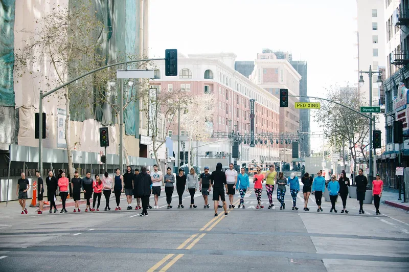 Chevy Rough leading a group warmup on Olympic Boulevard, Los Angeles